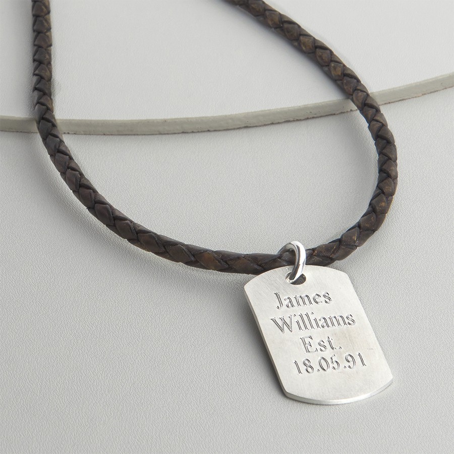 Woven Leather And Brushed Sterling Silver Silver Dog Tag Necklet 