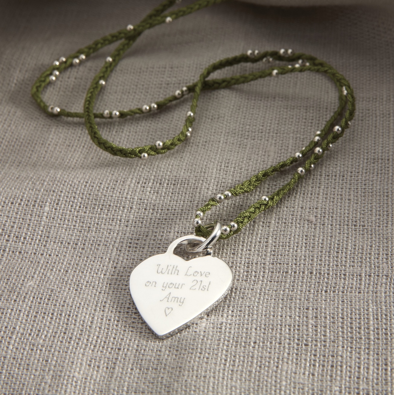 HBN94 Personalised Sterling Silver Heart And Silk Necklace