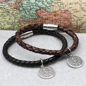 Personalised silver st christopher and leather bracelet
