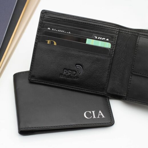 personalised initial black leather wallet