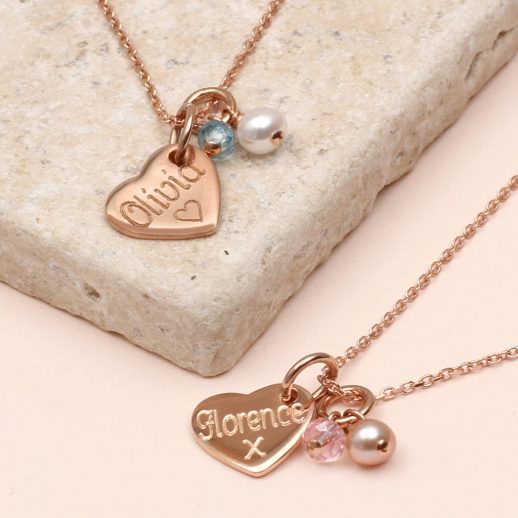 Personalised rose gold charm and pearl necklace